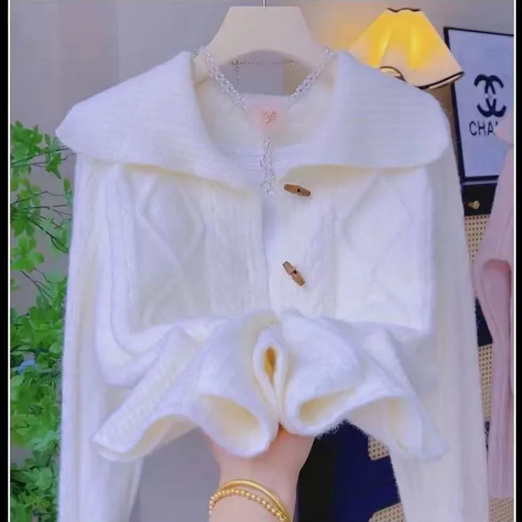 韩系慵懒麻花毛衣针织加厚开衫外套秋冬设计新款宽松长袖牛角上衣