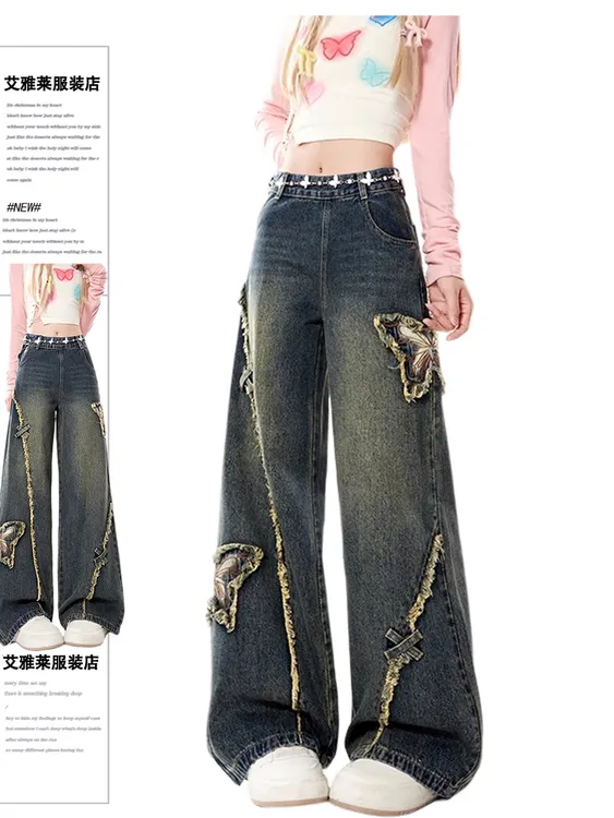 美式蝴蝶结贴布侧边拉链牛仔裤女秋冬设计感水洗高腰毛边阔腿裤子