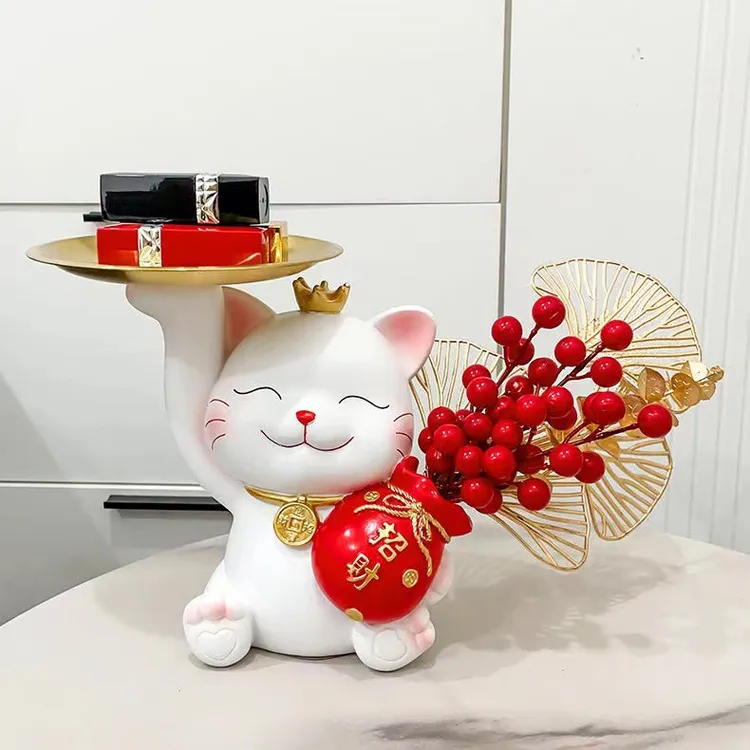 新皇冠招财猫托盘猫福袋红果摆件入户玄关钥匙收纳客厅酒柜装饰品