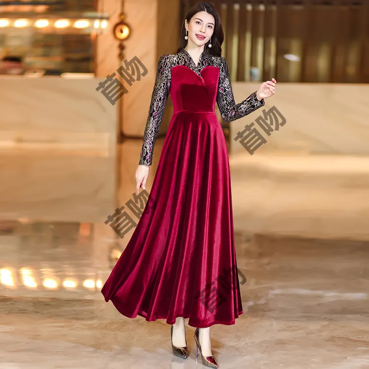 新款丝绒连衣裙女2025秋冬时尚高级感收腰显瘦长款撞色大摆裙1108