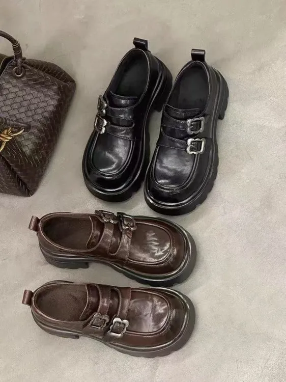 真皮乐福鞋冬季新款加绒加厚复古英伦风厚底增高轻底女皮鞋