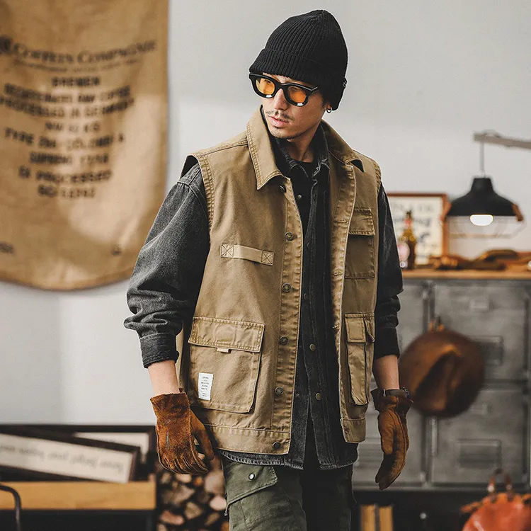 美式重磅复古工装夹克男秋冬钓鱼户外战术机能多口袋工装马甲外套