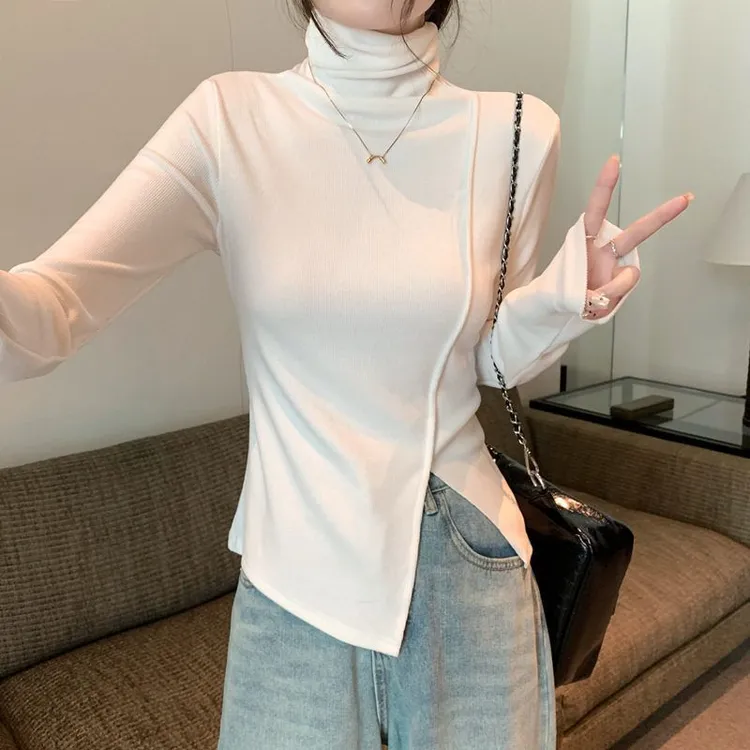 高领打底衫女秋冬加绒保暖减龄内搭堆堆领长袖修身不规则开叉上衣