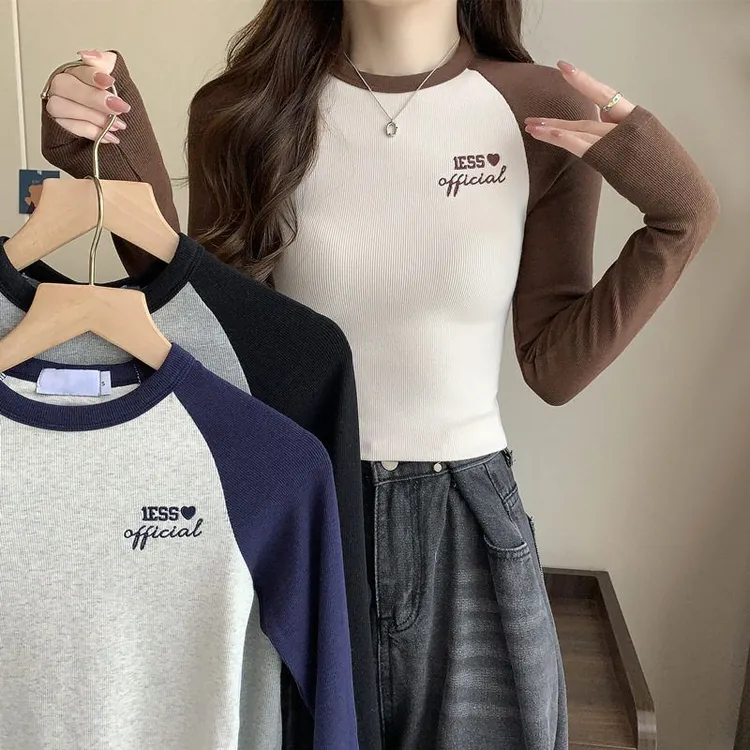 2024年新款秋冬季辣妹短款上衣撞色圆领百搭打底衫内搭长袖t恤女