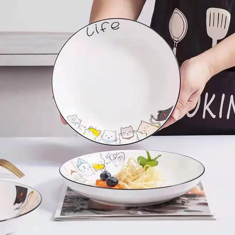 【6只装】卡通猫喵喵8英寸饭盘装家用炒菜盘早餐盘陶瓷盘餐具网红
