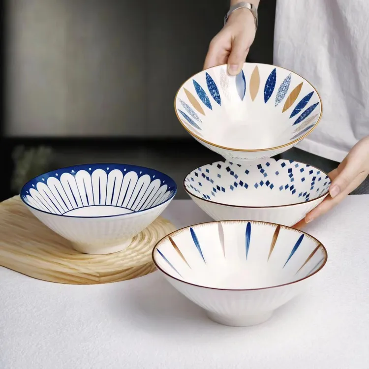8英寸斗笠碗面碗芊草家用斗碗大号喝粥拉面陶瓷釉下彩餐具陶瓷