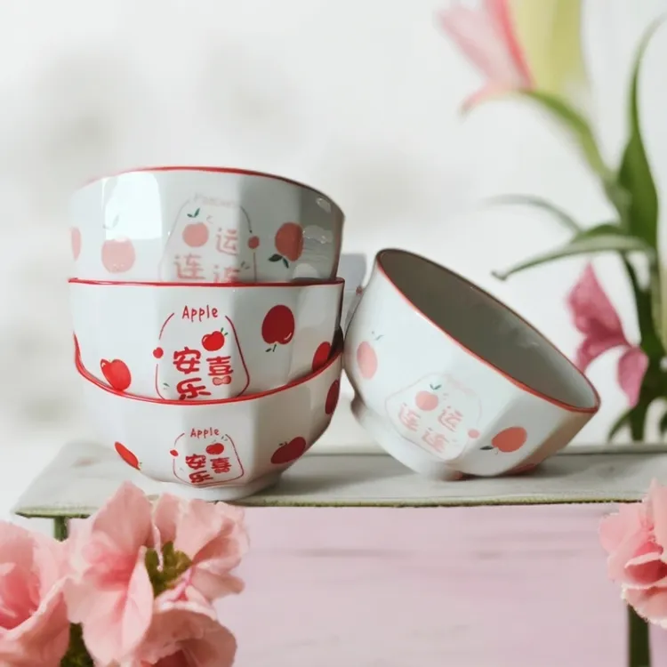 【4只装】5英寸中式平安喜乐+桃运连连各2只陶瓷釉下彩喜碗家用新年