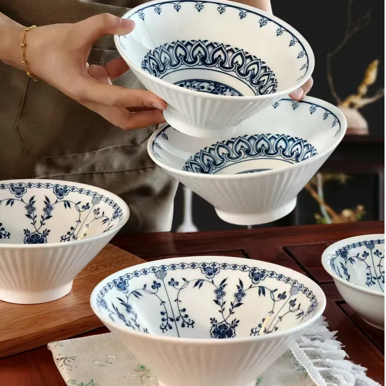 瓷县令7英寸复古青花华禧斗笠碗釉下彩中式商用家用斗笠碗4只装