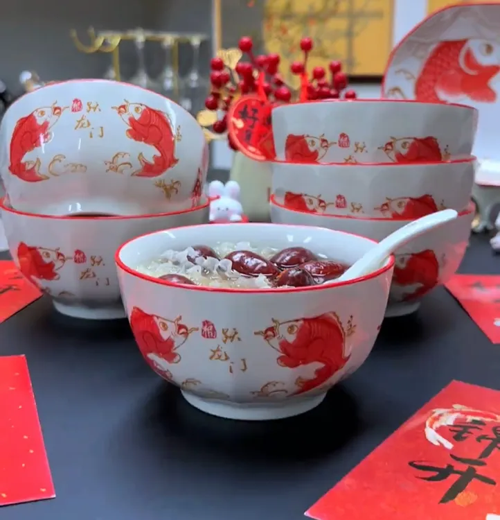 【6只装】鱼跃龙门5英寸加厚大号龙骨碗乔迁送礼结婚米饭碗家用陶瓷