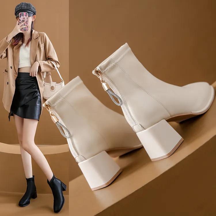法式高跟短靴女2025年秋冬新款白色法式单靴粗跟踝靴瘦瘦短筒靴子