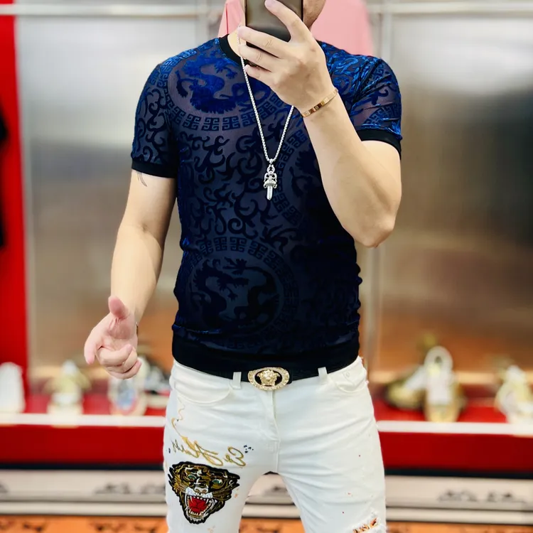 夏季新款满版暗纹小龙提花植绒时尚百搭修身显瘦高定男士冰丝短袖