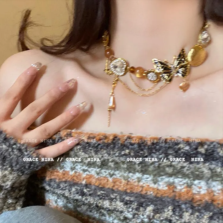 铜合金项链 复古氛围~蝴蝶项链轻奢小众锁骨链女高级感美拉德配饰