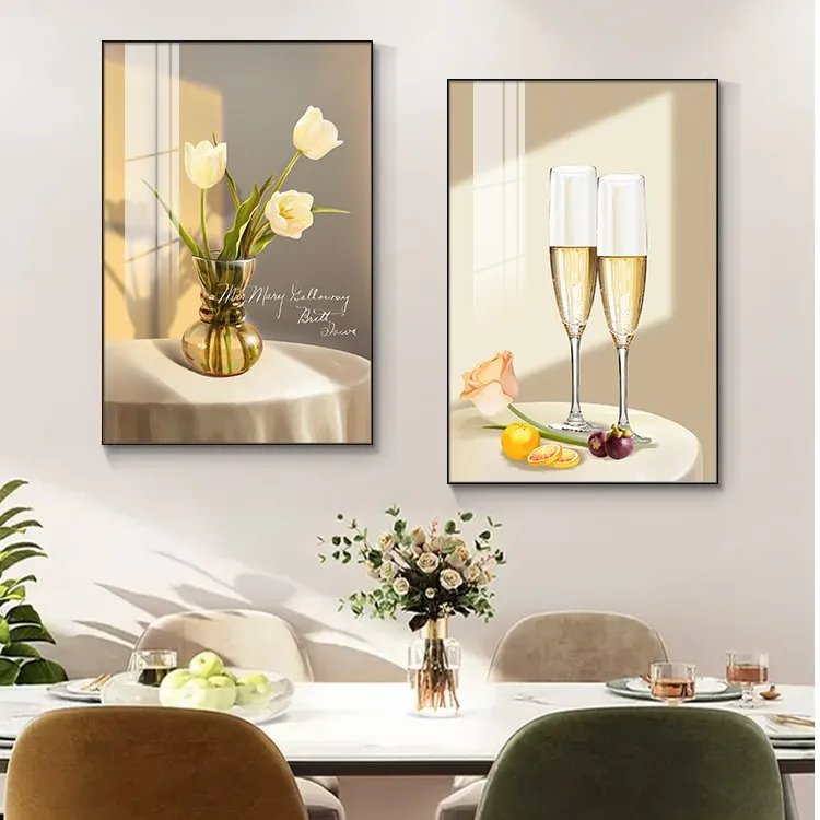 餐厅装饰画轻奢酒杯花卉饭厅背景墙挂画客厅餐桌壁画歺厅两联画