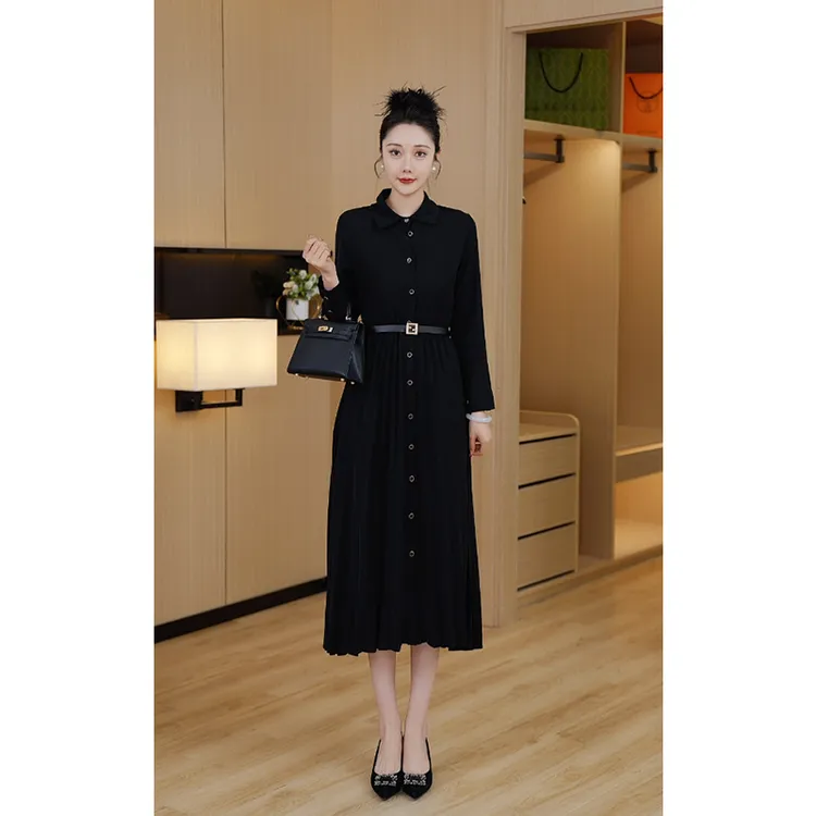 【窈窕淑女】2024年秋新款长袖气质名媛高级感衬衫领黑色连衣裙女
