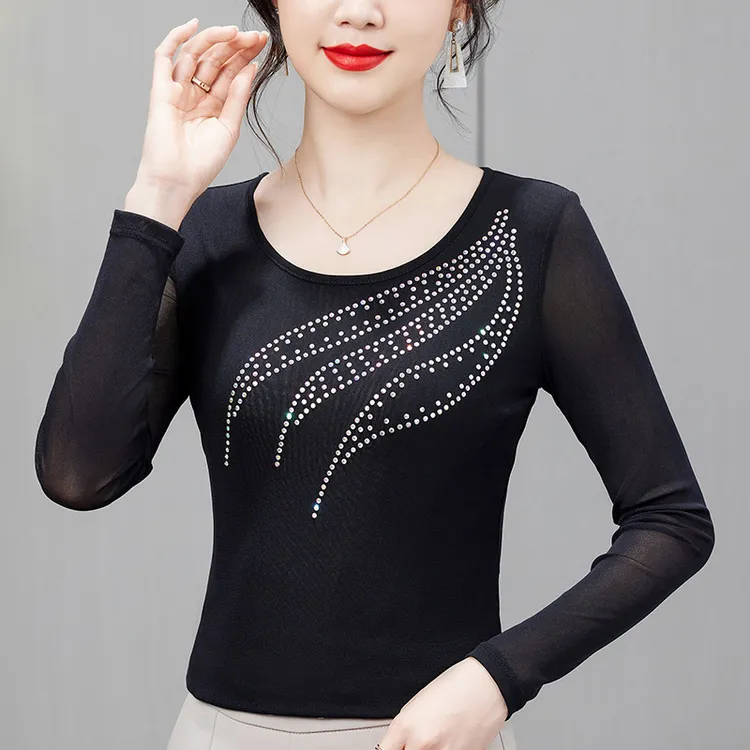 叶子网纱烫钻长袖T恤2026秋季新款时尚服装上衣女上衣广场舞小衫