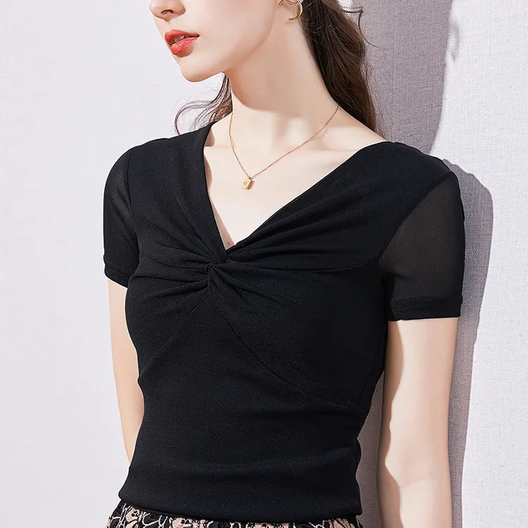冰感网纱修身v领t恤女2025夏款扭结领弹力短袖体恤洋气小衫女上衣
