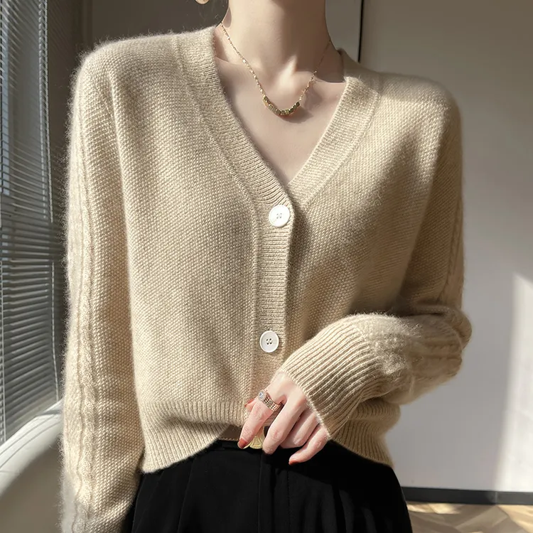 时尚简约百搭秋冬新款V领羊毛衫女100%羊毛