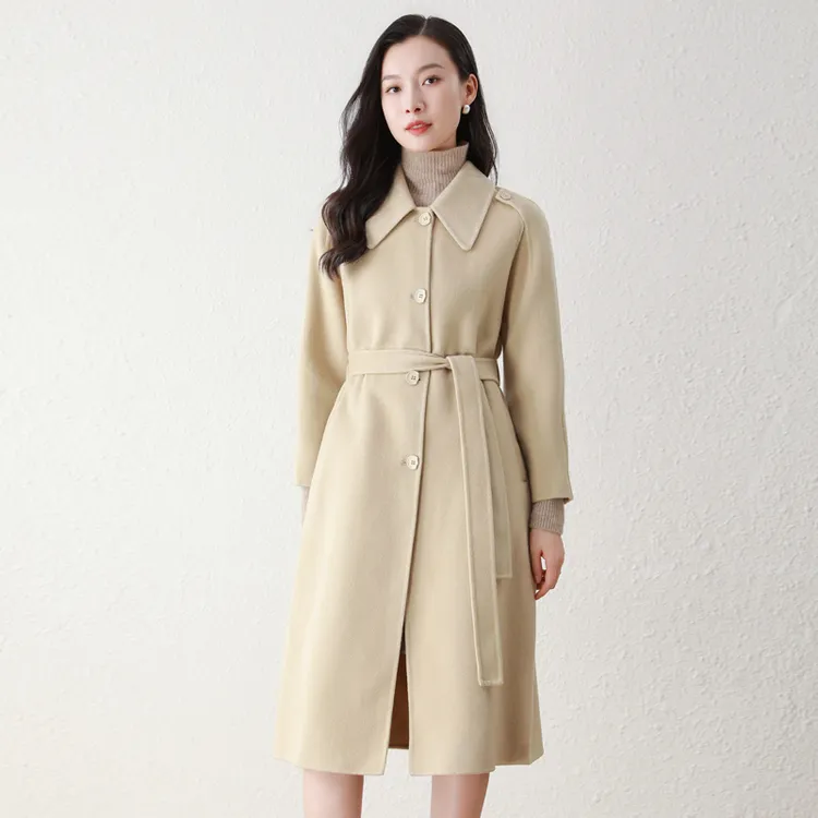 秋冬波浪领厚毛呢外套双面呢翻领驼色排扣女装气质设计师