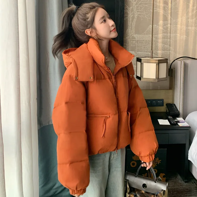现货橘色连帽短款羽绒服外套时尚休闲加厚保暖冬季百搭网红