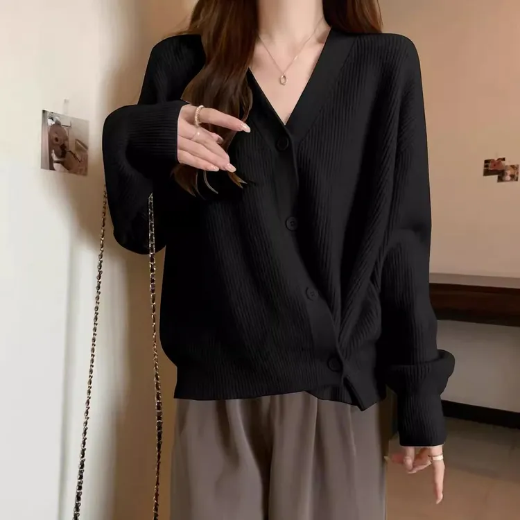 长袖单排扣V领纯色2024年秋季时尚简约百搭100%羊毛开衫