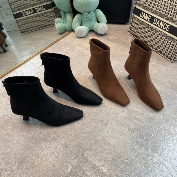 603-2细跟（4cm跟）加绒短靴尖头秋冬ol瘦瘦靴气质裸靴时尚网红黑色