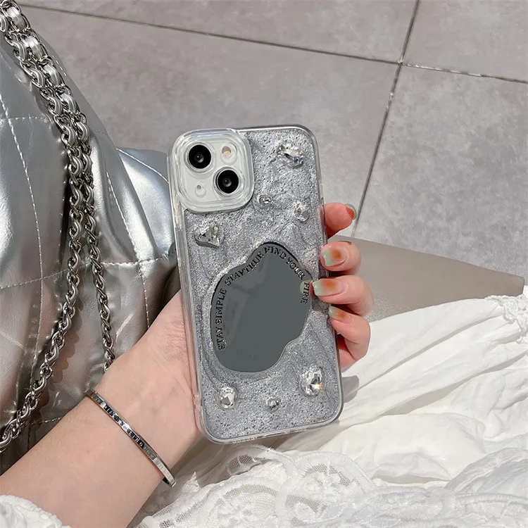 银灰颜料宝石镜子立体奢华防摔后盖式iPhone16ProMax手机保护套