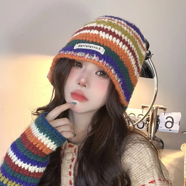 彩虹条纹韩版可爱毛线帽女护耳秋冬显脸小针织帽大头围防风堆堆帽