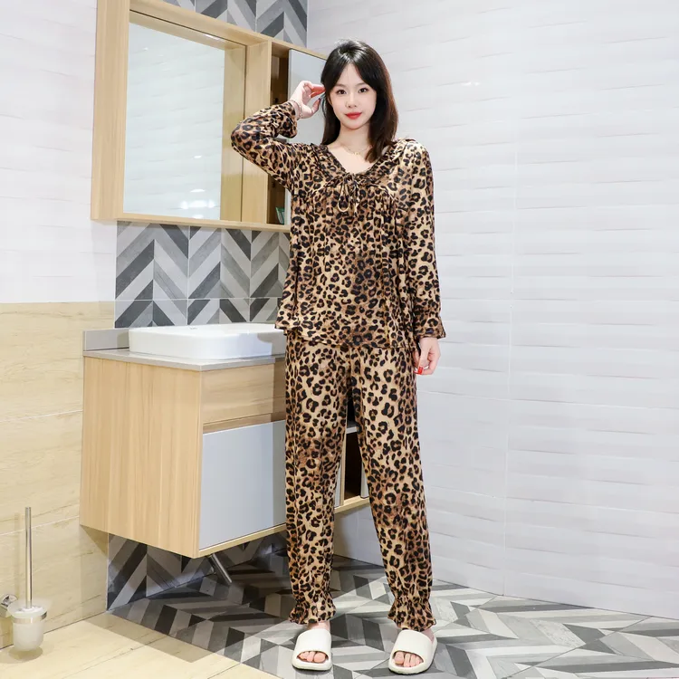 豹纹睡衣女套装大码家居服高弹宽松遮肉显瘦碎花洋气时尚秋冬长袖