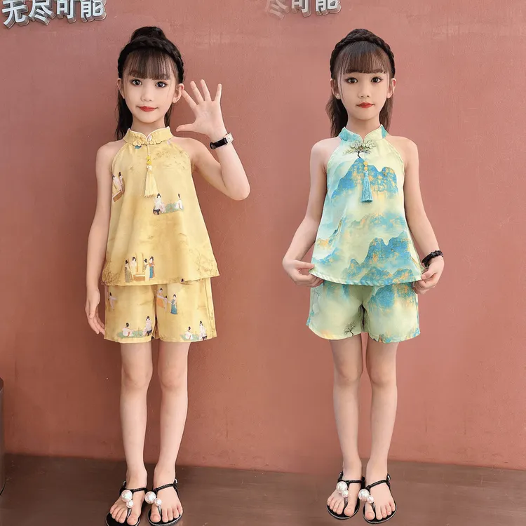 洋气薄款女童中国风挂脖盘扣套装夏季复古时尚休闲仕女图两件套潮
