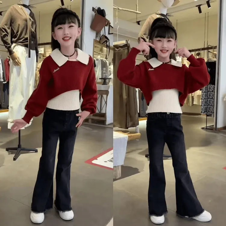女童春秋款毛衣套装2024新款韩版针织上衣牛仔喇叭裤中大童三件套