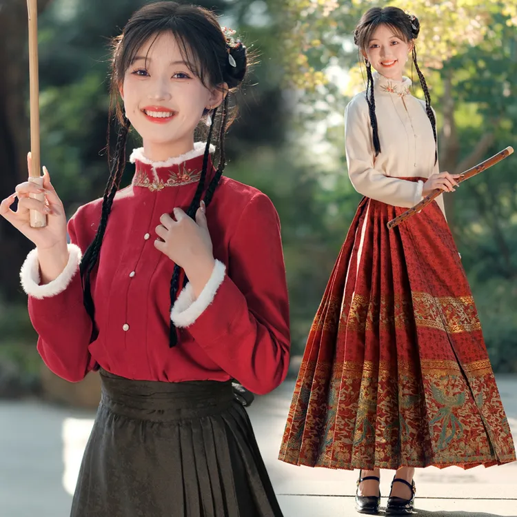 唐装国风秋冬搭配马面裙的上衣明制汉服立领盘扣对襟衬衫绣花毛领