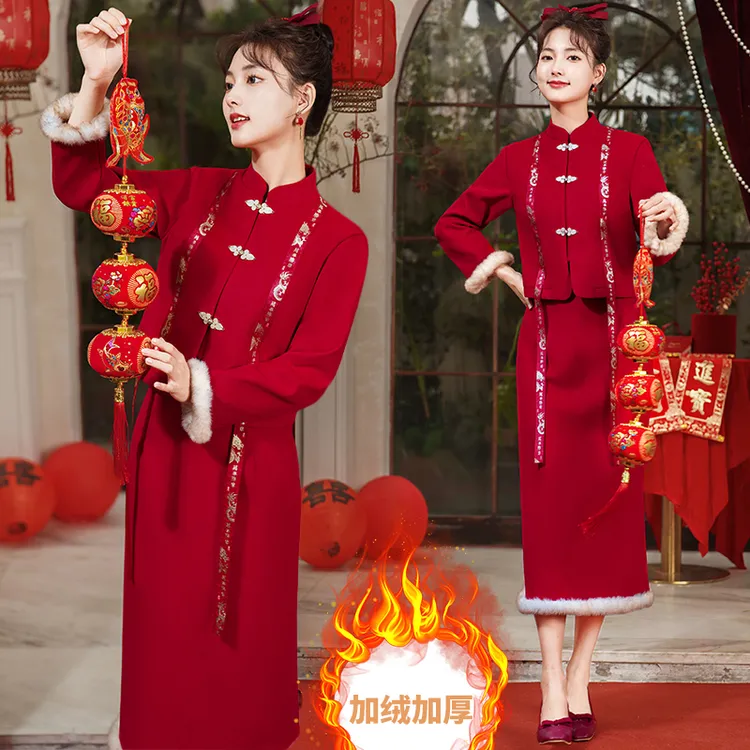 中国风新中式国风女装加绒套装裙新年拜年唐装改良旗袍两件套冬装