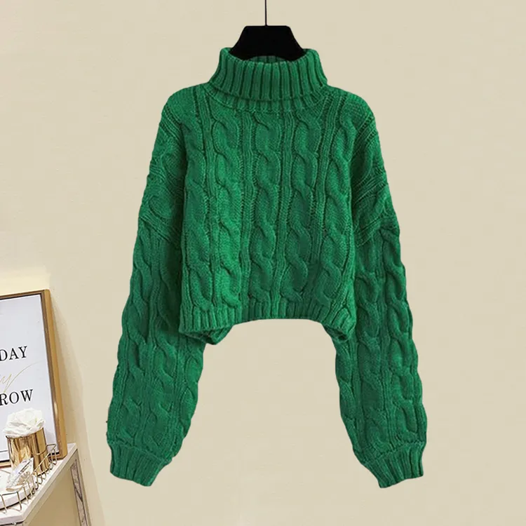 高领套头短款麻花毛衣女2025春季新款慵懒风宽松加厚针织外穿上衣