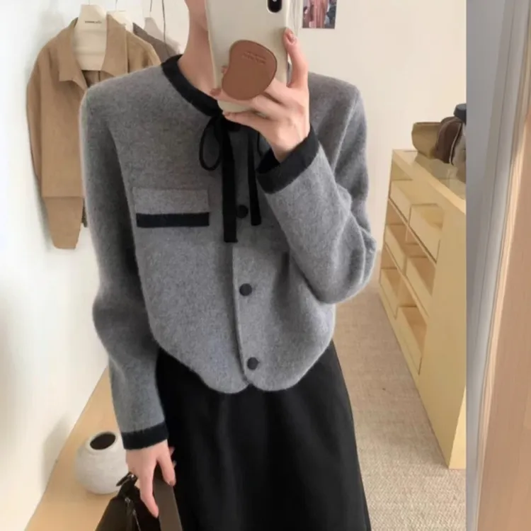 领口系带蝴蝶结浣熊绒针织开衫女毛衣春季韩系小香风短款上衣外套