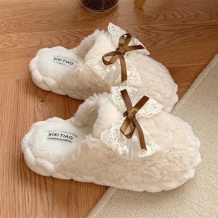 细细条 保暖防滑情侣居家棉拖鞋甜美可爱蝴蝶结毛绒月子鞋男女冬
