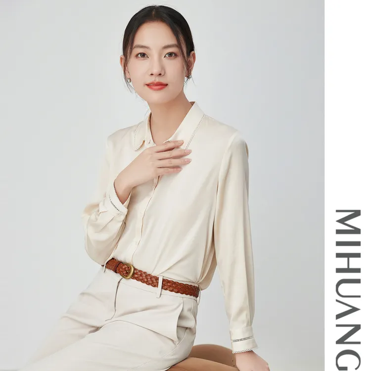 MIHUANG/米皇【纯】桑蚕丝衬衣手工花边气质缎面通勤真丝衬衫547228