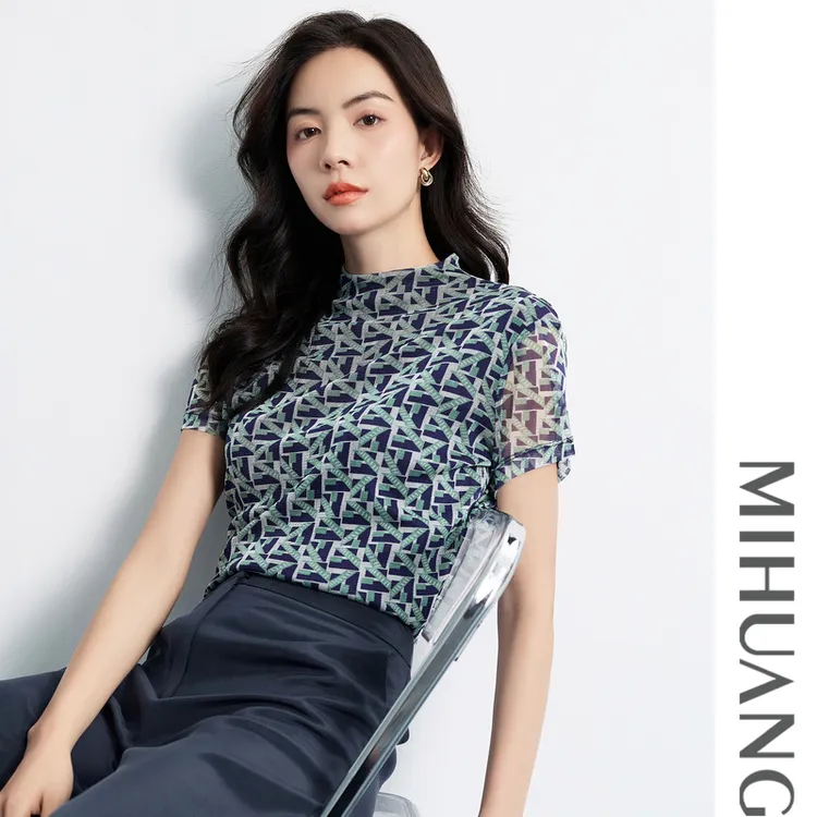 MIHUANG/米皇【呼吸】五层桑蚕丝工艺立领短袖印花时尚T恤527117