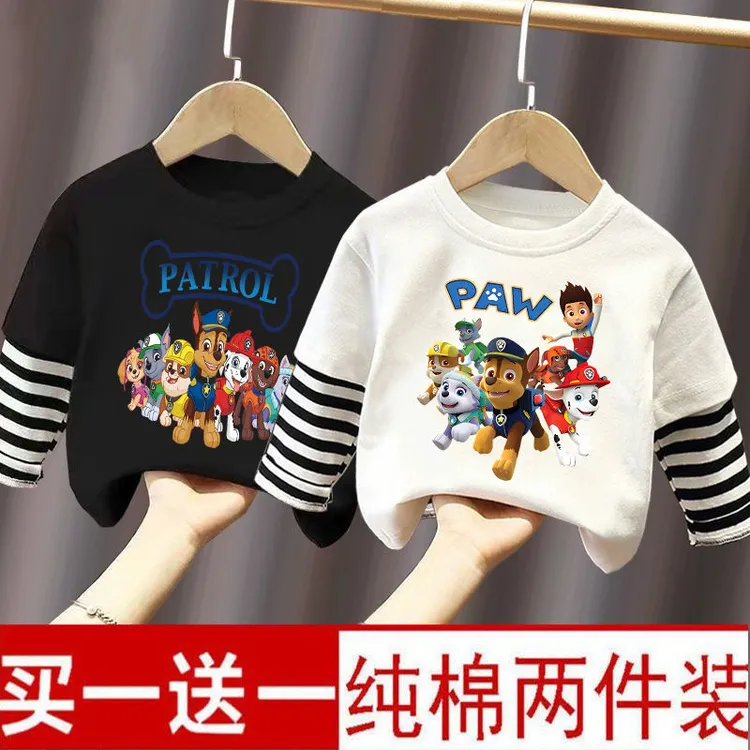 100%纯棉汪汪队衣服儿童长袖T恤衫春秋季动漫卡通圆领上衣假两件t