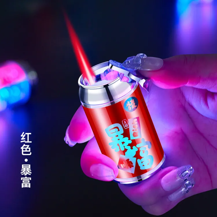 新款创意金属迷你户外男士防风打火机粉色火焰透明机身发光带灯