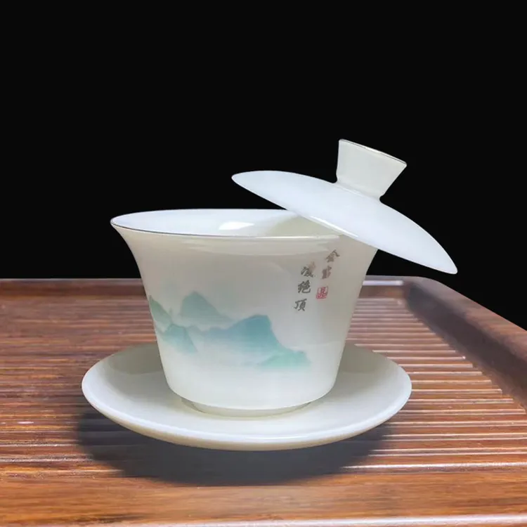 羊脂玉瓷三才盖碗可悬停泡茶白瓷单个悬浮敬茶杯陶瓷功夫茶具盖碗
