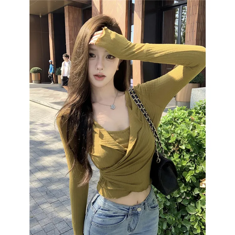纯欲辣妹波浪边修身显瘦短款上衣女设计感小众拼接假两件长袖T恤