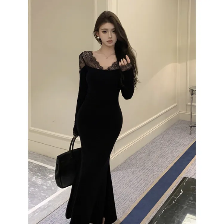 法式设计高级感V领蕾丝拼接连衣裙女气质收腰显瘦包臀鱼尾长裙子