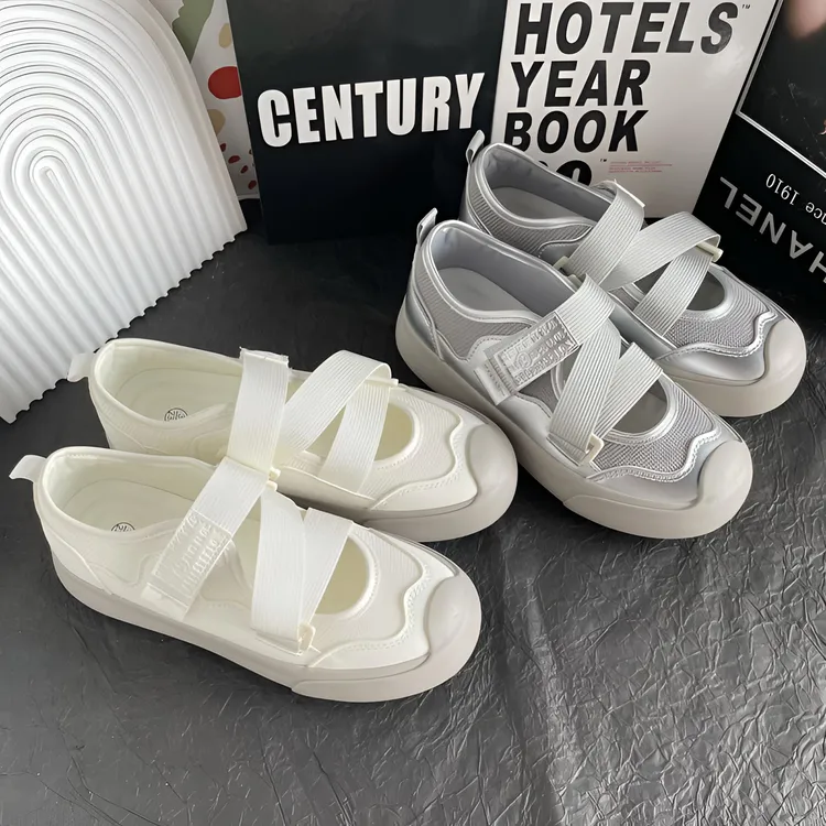 【KuYi 库一】丑萌镂空小白鞋女凉鞋2024夏季网面大头低帮运动板鞋