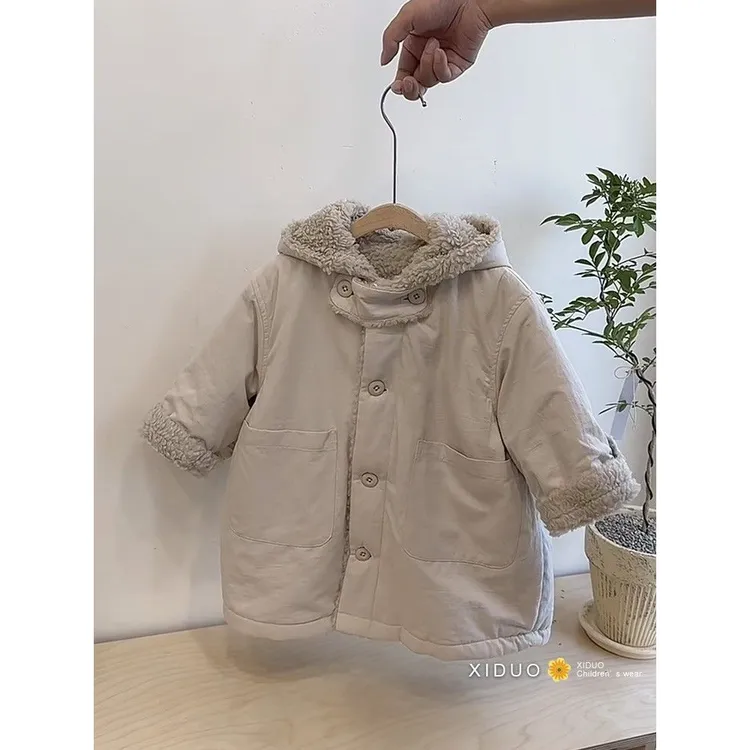 韩国童装男女童外套秋冬季新洋气纯色连帽加绒保暖宽松棉服大衣潮