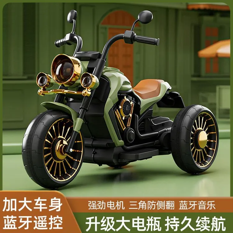 儿童电动摩托车充电男女可坐人复古双驱动遥控酷炫音乐骑行玩具车