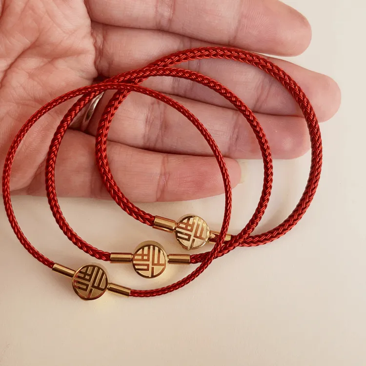 钛钢手链 福字编织钢丝绳手绳黑色本命年可穿金珠情侣红绳手链女