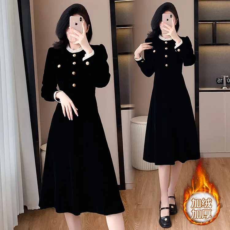赫本风高端精致法式连衣裙秋冬富家千金收腰显瘦礼服小黑裙百搭