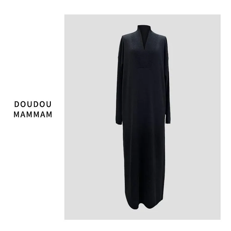 V领秋季H型裙黑色针织连衣裙宽松中长款连衣裙