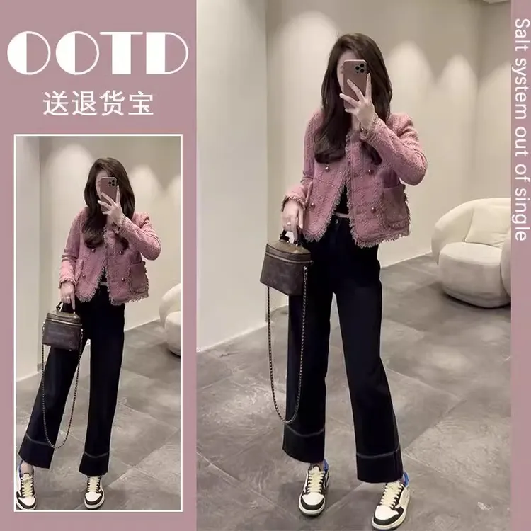 欧货高端小个子粉色短款外套女2025秋季独特超好看小香风职业套装