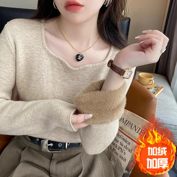 加绒毛衣女打底衫方领加厚保暖内搭一体绒绒加绒针织衫外穿上衣